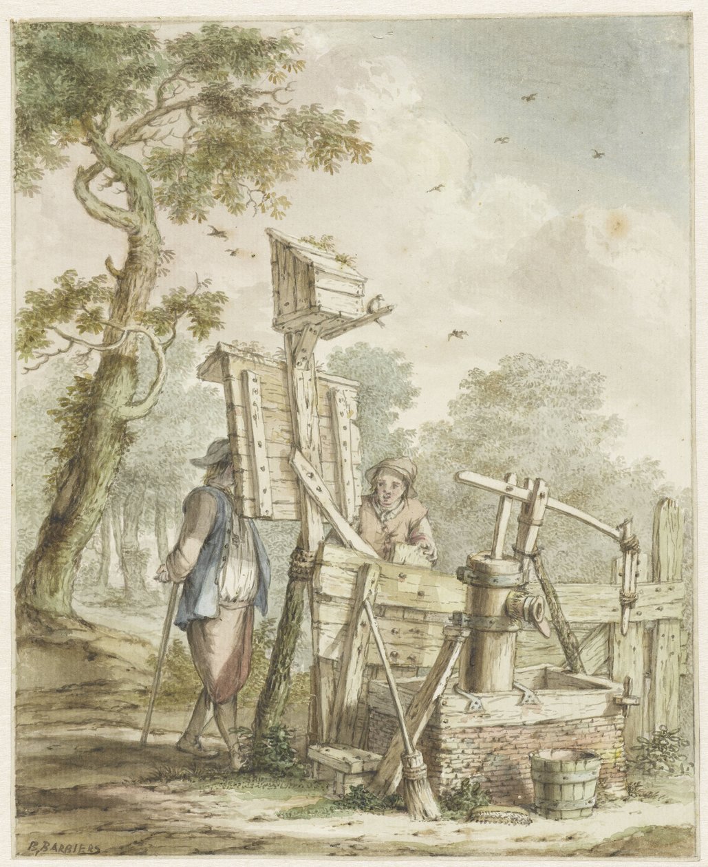 Landskap med to menn ved en reklametavle ved en vannpumpe av Bartholomeus Barbiers
