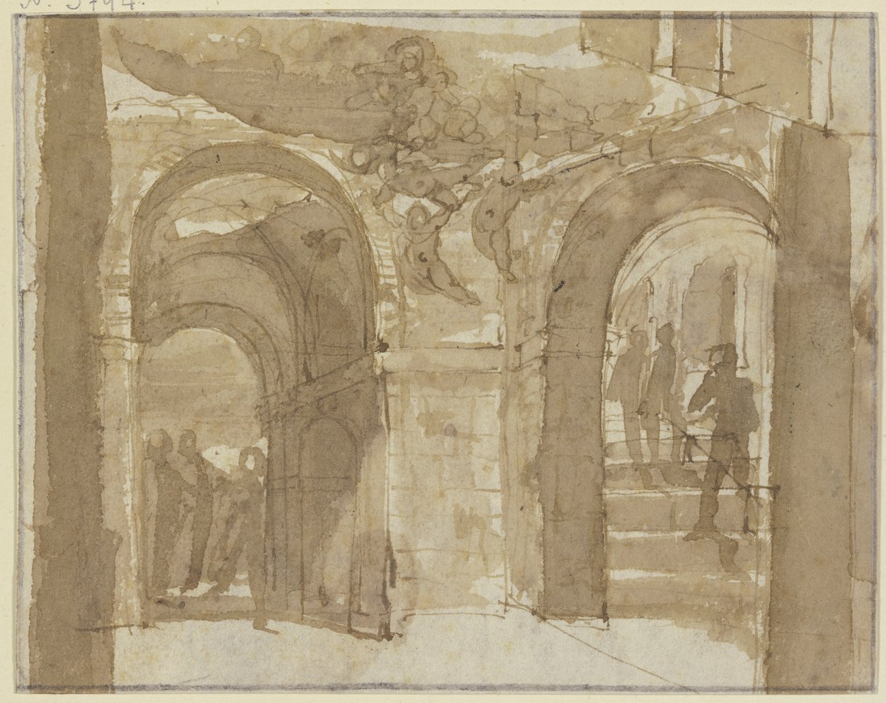 Antikt hvelv med trapp og flere figurer, øverst svever Maria med engler av Bartholomeus Breenbergh