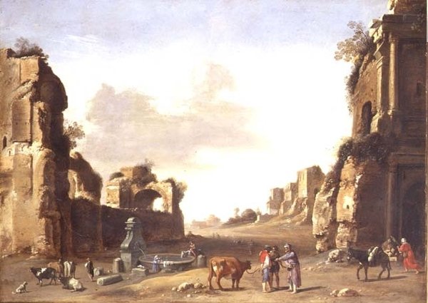 Klassiske ruiner med bønder som vanner dyrene sine av Bartholomeus Breenbergh