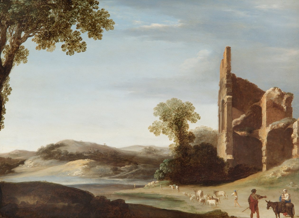 Landskap med klassiske ruiner og figurer, ca. 1630 (olje på kobber) av Bartholomeus Breenbergh