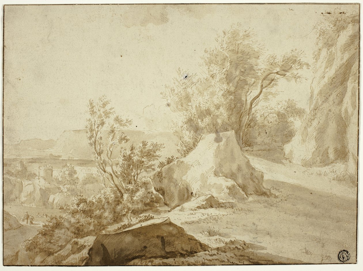 Steiner og fjellstier, figurer og byer nedenfor av Bartholomeus Breenbergh