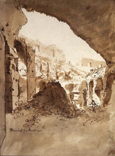 Utsikt inne i Colosseum (svart kritt, penn og brun vask på papir) av Bartholomeus Breenbergh