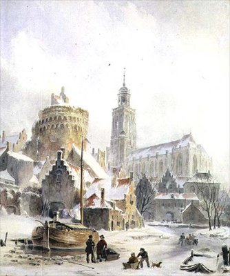 Barn som leker på en frossen elv, Deventer Cathedral Beyond av Bartholomeus Johannes van Hove