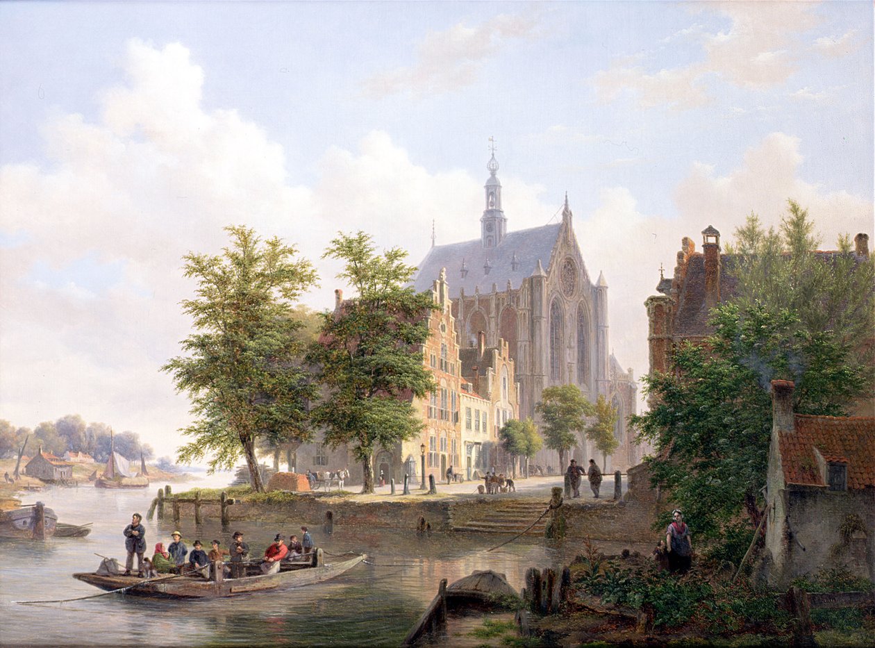Ferge krysser en kanal i Haarlem av Bartholomeus Johannes van Hove