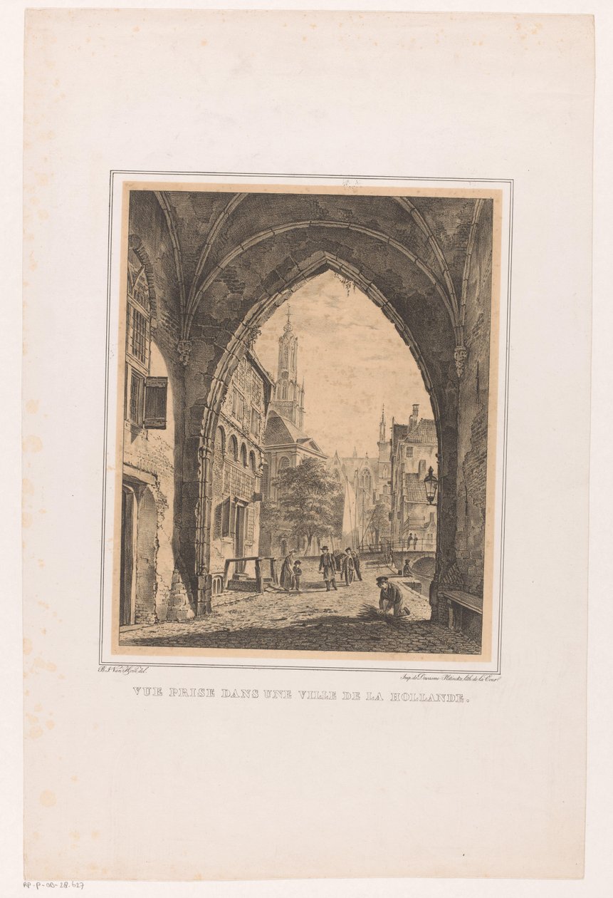 Bybilde fra under en port Vue-pris dans une ville de la Hollande (tittel på objekt) av Bartholomeus Johannes van Hove