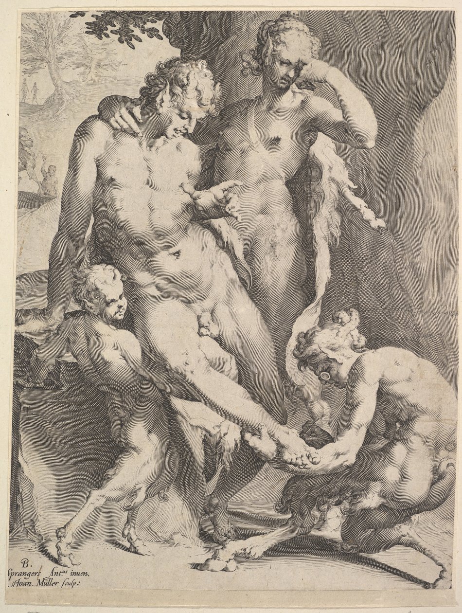 Oreads fjerner en torn fra en Satyrs fot, 1590 av Bartholomeus Spranger
