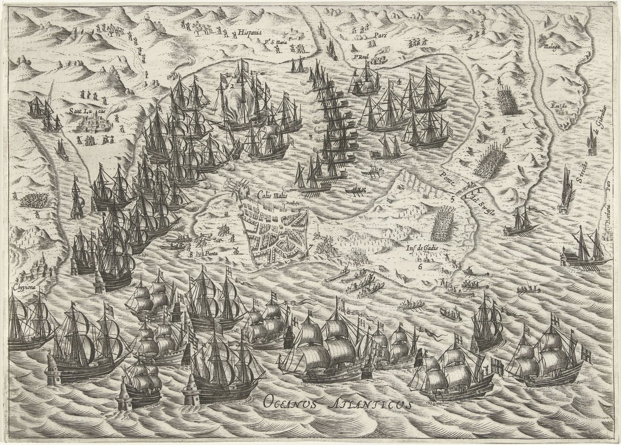 Slaget ved Cadiz, 1596 av Bartholomeus Willemsz. Dolendo (attributed to)