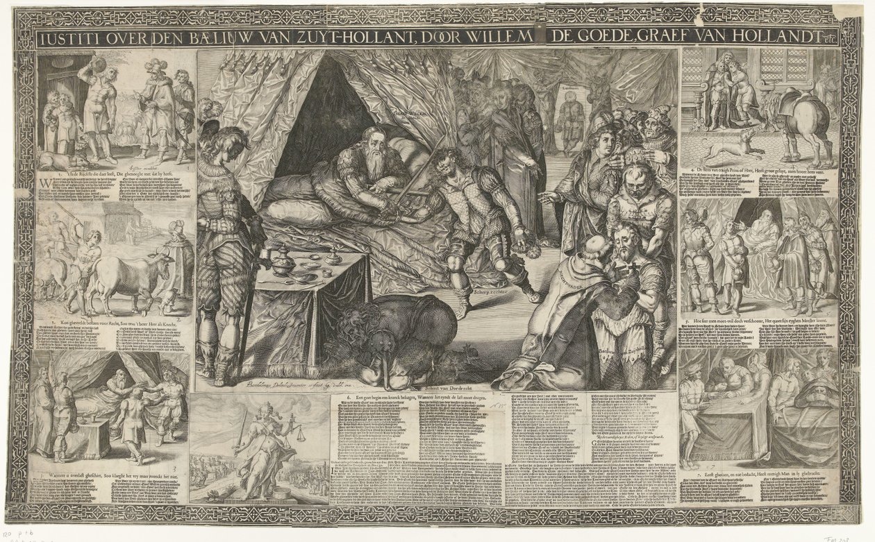 Dom av greve William III om fogden i Sør-Holland, 1336 Iustiti om baeliuw van Zuyt-Hollant, av Willem de Goede, greve van Hollandt etc. (tittel på objekt) av Bartholomeus Willemsz. Dolendo (signed by artist)
