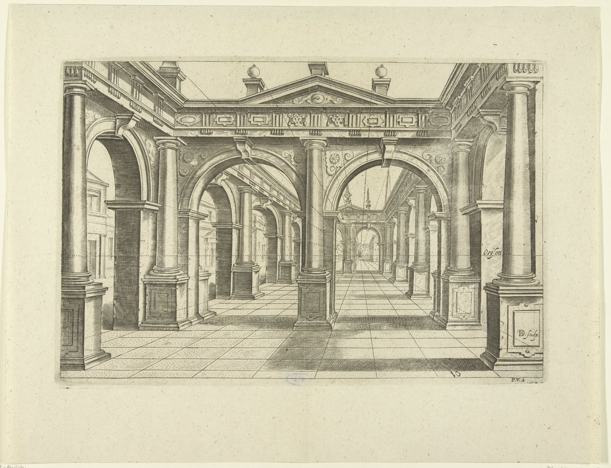Bygning med dobbel bue i midten i dorisk stil Perspektiv, del 2 (serietittel) av Bartholomeus Willemsz. Dolendo