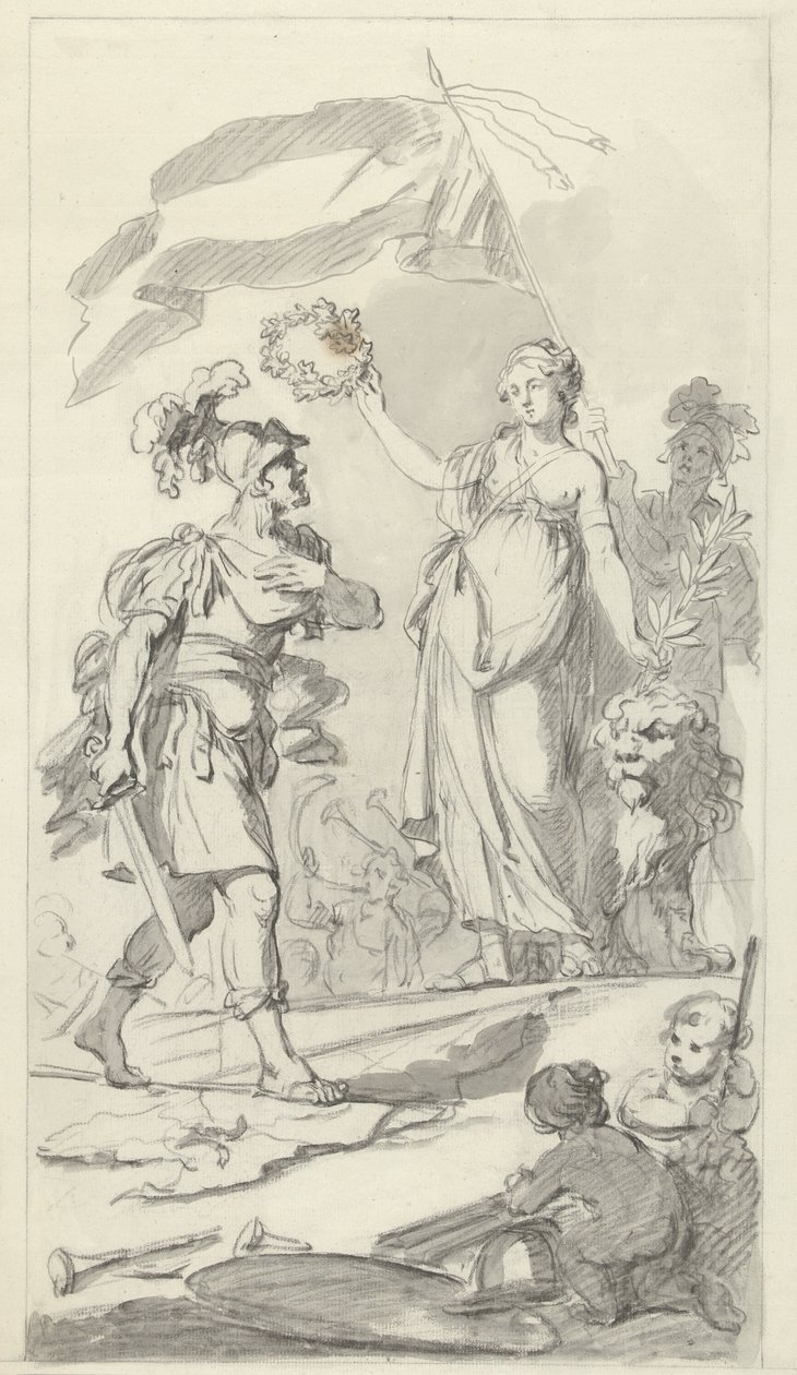 Den modige bataviske kronet av den nederlandske jomfruen, 1799 Design for monumentet på den nasjonale festivalen som feirer freden 17. desember 1799 (serietittel) av Bartholomeus Ziesenis