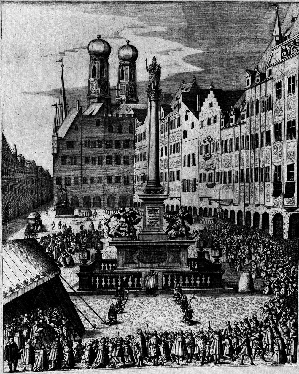 Katolsk messe på Marienplatz i München, rundt Marias søyle, et symbol på den kontrareformasjonelle kulten av Maria av Bartholomäus Kilian