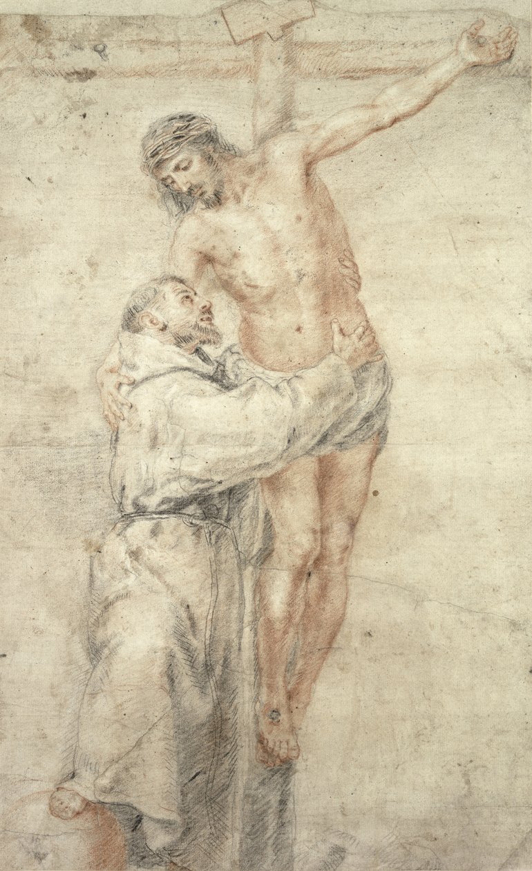 St. Francis avviser verden og omfavner Kristus (rødt og svart kritt på papir) av Bartolomé Esteban Murillo