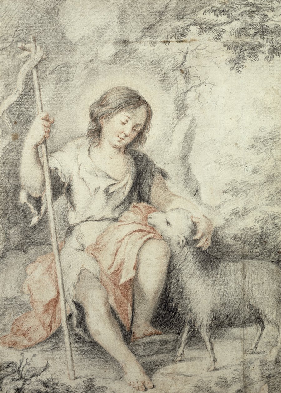Den unge døperen Johannes med Lammet i et steinete landskap (rødt og svart kritt på papir) av Bartolomé Esteban Murillo