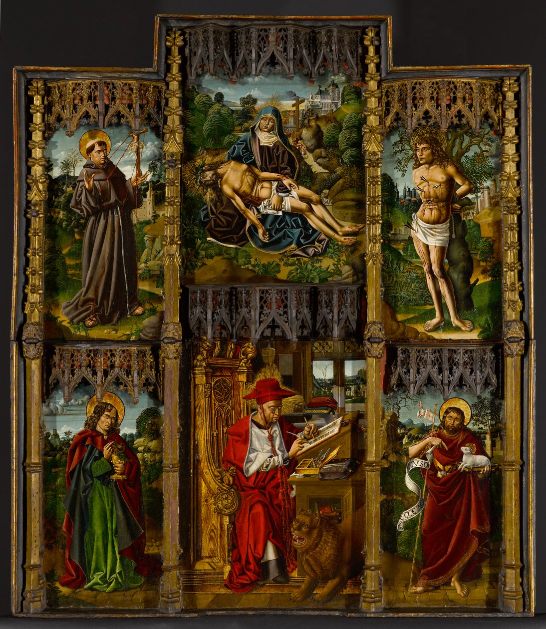 Bærbar altertavle: Pietà, de hellige Frans, Sebastian, Johannes evangelisten, Hieronymus og døperen Johannes, ca. 1500 av Bartolomé Bermejo
