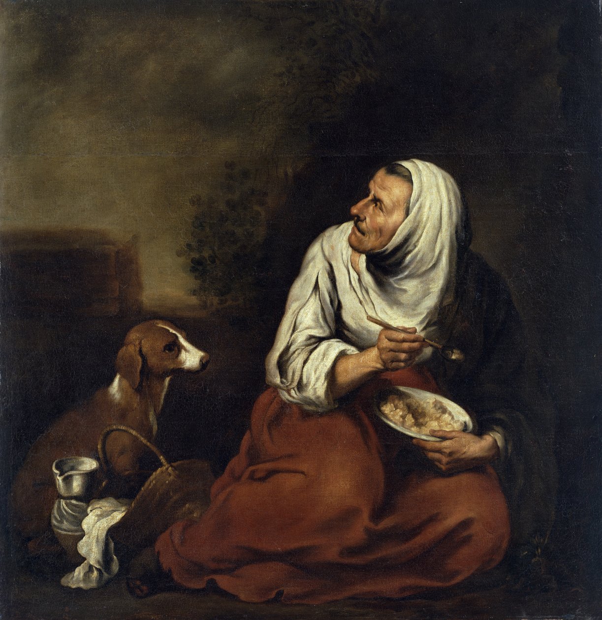 Gammel kvinne med hund av Bartolomé Esteban Murillo