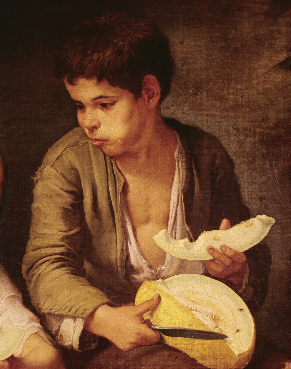 Detalj av to barn som spiser en melon og druer, 1645-46 olje på lerret se 161023 av Bartolomé Esteban Murillo