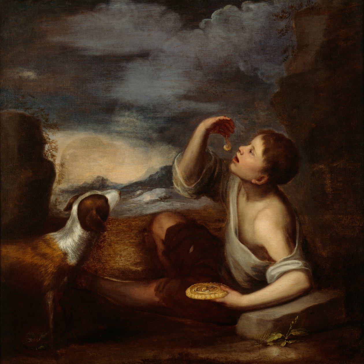 En spansk gutt og en hund (olje på lerret) av Bartolome Esteban (attr. to) Murillo