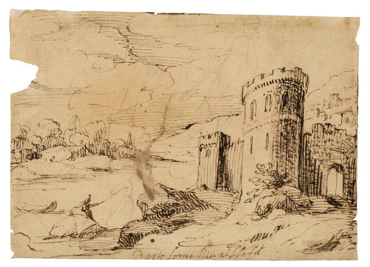 Et elvelandskap med en fisker nær et slott av Bartolomé Esteban Murillo