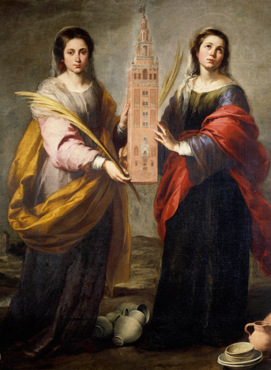 De hellige Juste og Rufine (eller Ruffine) beskytter av byen Sevilla, de bærer Giralda, den tidligere minareten til den store moskeen som har blitt fra klokketårnet til katedralen i Sevilla - Maleri av Bartolome Murillo (1618-1682) rundt 166 av Bartolomé Esteban Murillo