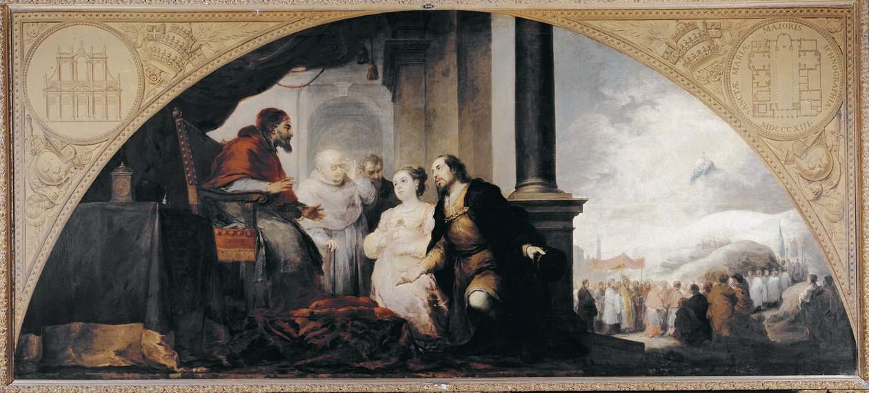 Grunnlaget for Santa Maria Maggiore (basilikaen Santa Maria Maggiore). Patrician John og hans kone avslørte for pave Libere (Liberius) av Roma (pave av 352-366) ledsaget av 2 kirkelige deres drøm. Maleri av Bartolome Esteban Murillo (1617-1682 av Bartolomé Esteban Murillo