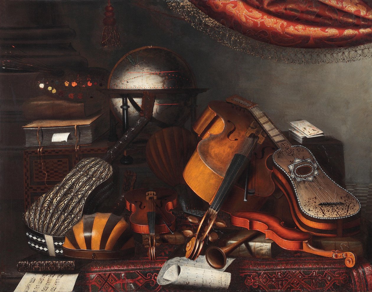Musikkinstrumenter, en globus, bøker, spillekort og en malers palett av Bartolomeo Bettera