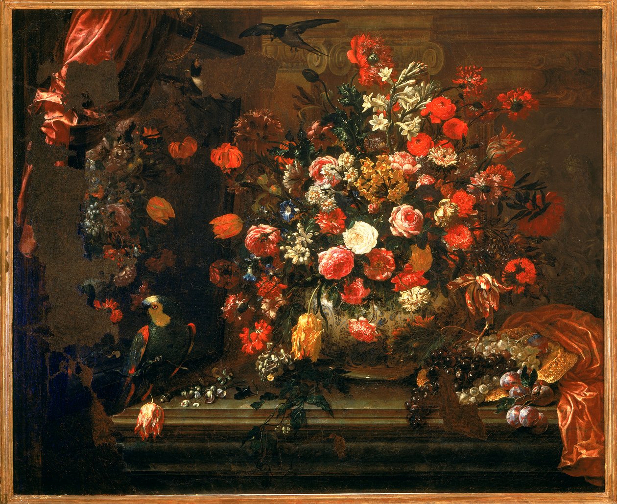 Stilleben med blomster og frukt av Bartolomeo Bimbi