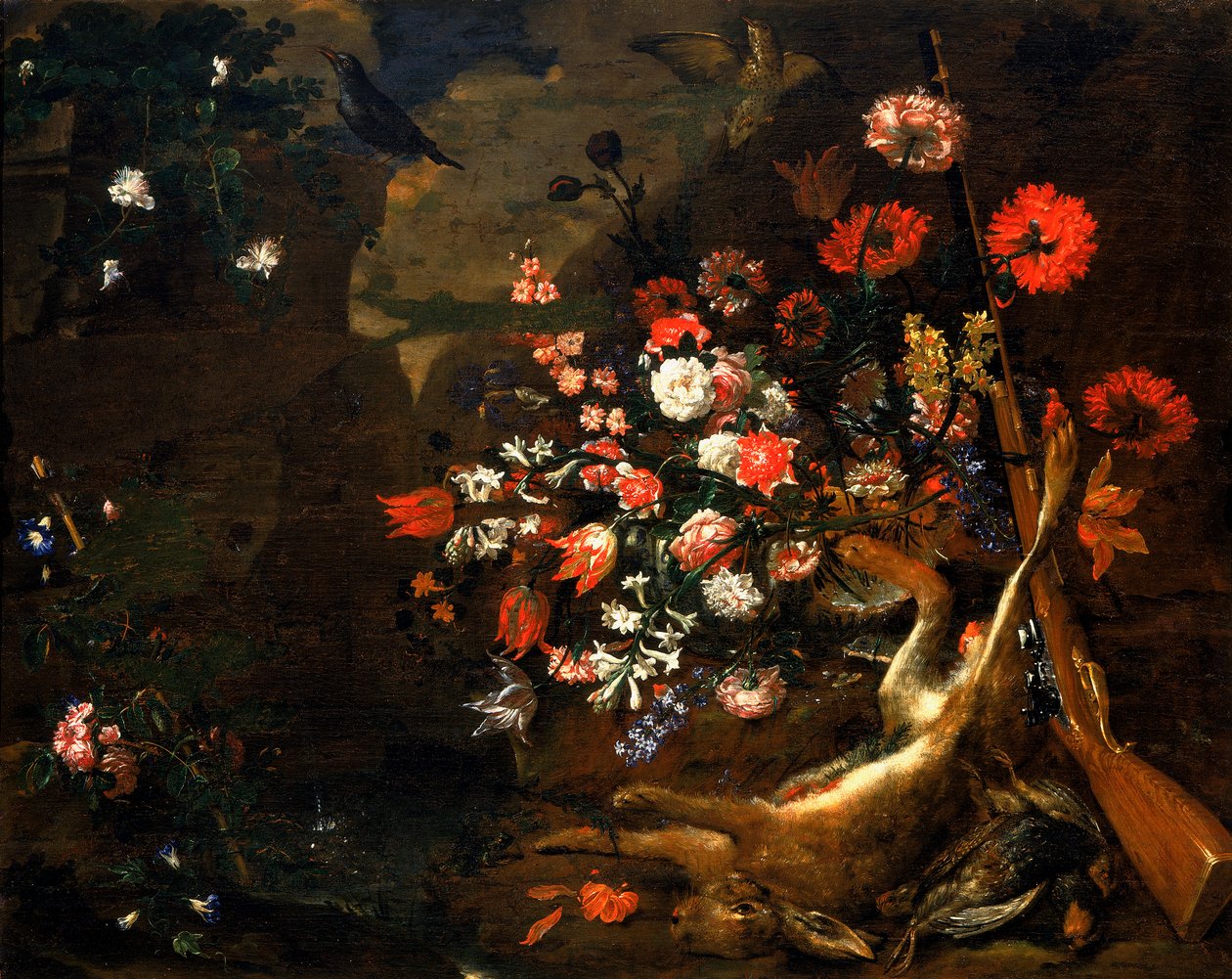 Stilleben med blomster og vilt av Bartolomeo Bimbi