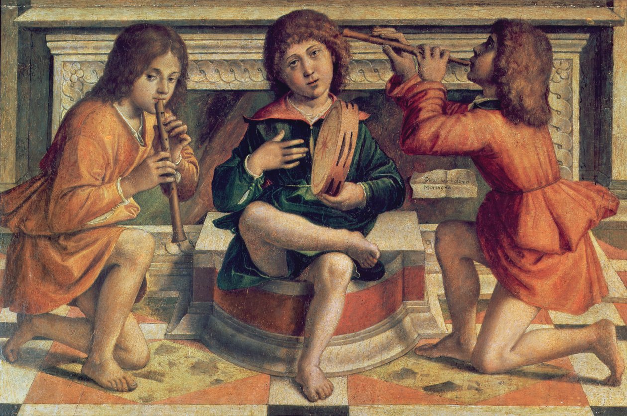 Tre englemusikere (olje på tre) av Bartolomeo Montagna