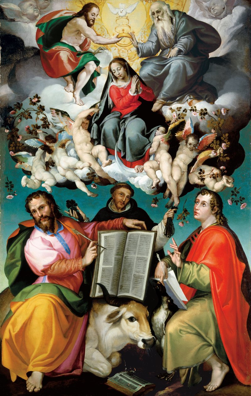 Jomfruens kroning med de hellige Luke, Dominic og evangelisten Johannes av Bartolomeo Passarotti
