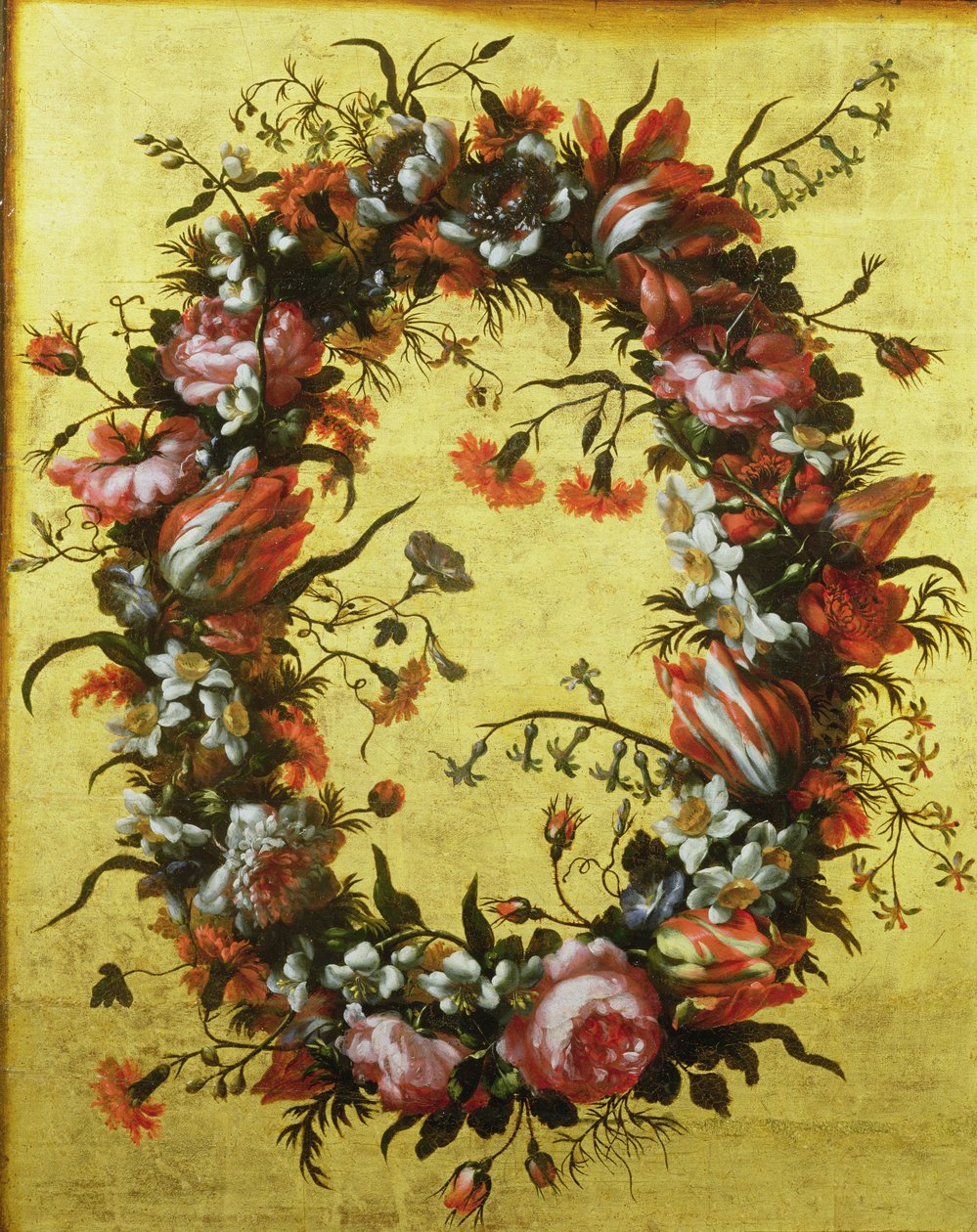 Krans av blomster på en forgylt bakgrunn av Bartolomeo Perez