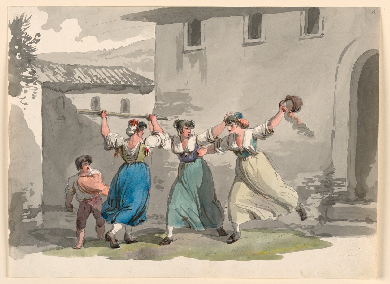 Tegning, Kvinnenes kamp i Roma av Bartolomeo Pinelli