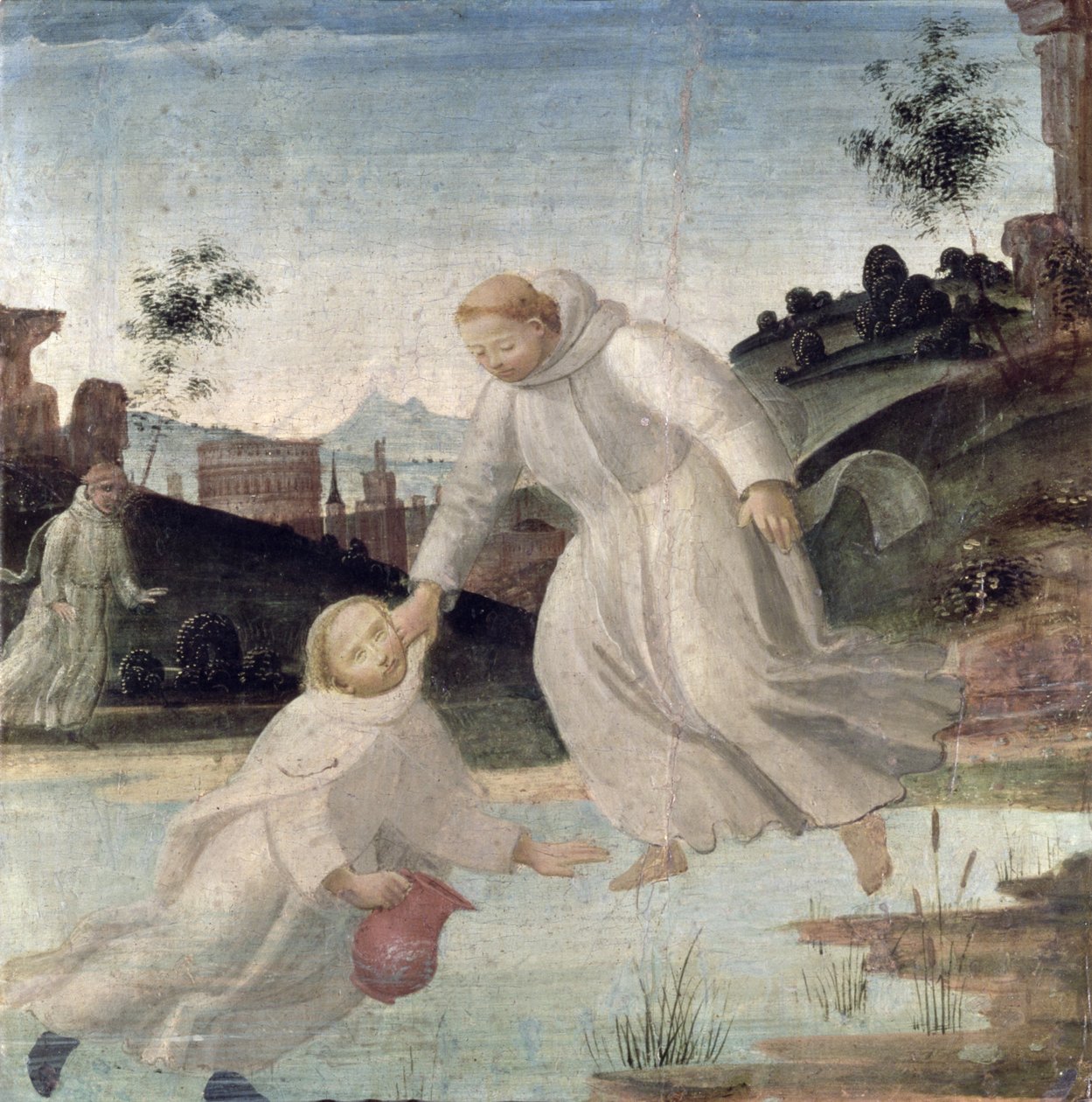 Scener fra St. Benedicts liv: Maurus, etter instruks fra St. Benedikt, trekker Placidus fra innsjøen, ca. 1488 (panel) av Bartolomeo di Giovanni