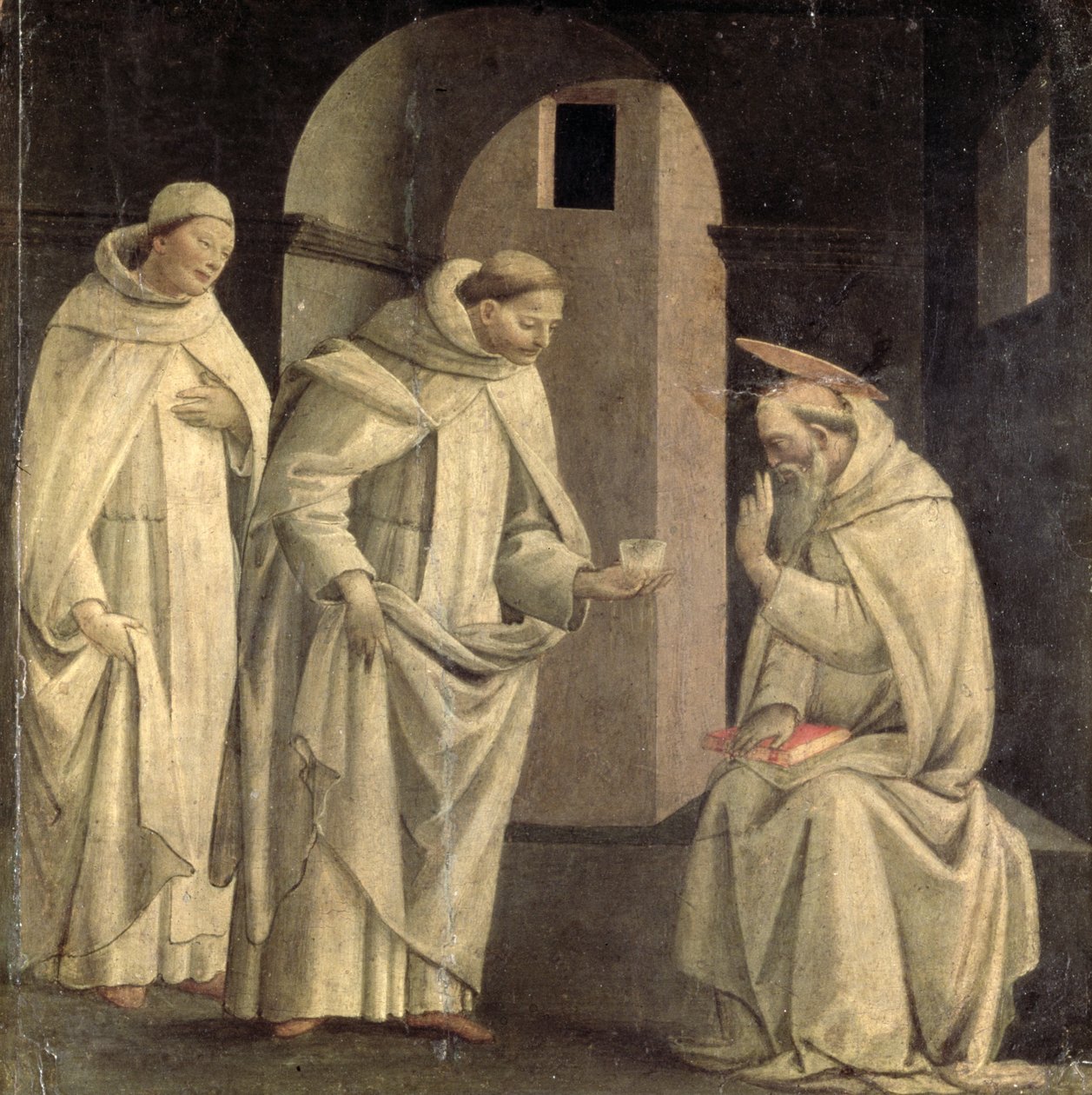 Scener fra St. Benedikts liv: St. Benedikts velsignelse av giftbegeret som knuses, predellapanel, ca. 1488 (panel) av Bartolomeo di Giovanni