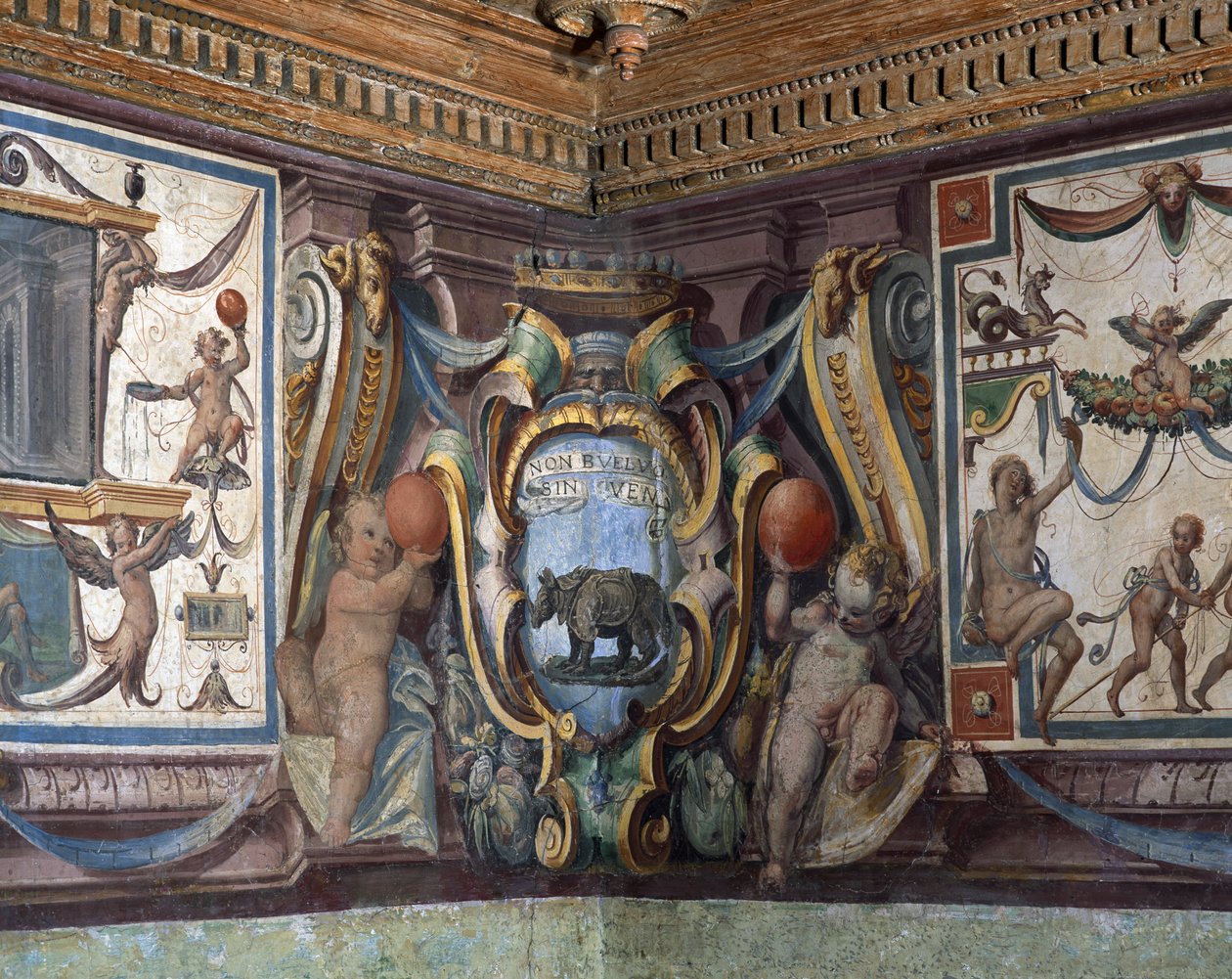 Sala del Granduca di Toscana-hallen til storhertugen av Toscana detalj av frisen som viser tegnene til dyrekretsen, neshornet, freske fra 1564-75 av Bartolomeo Ammannati