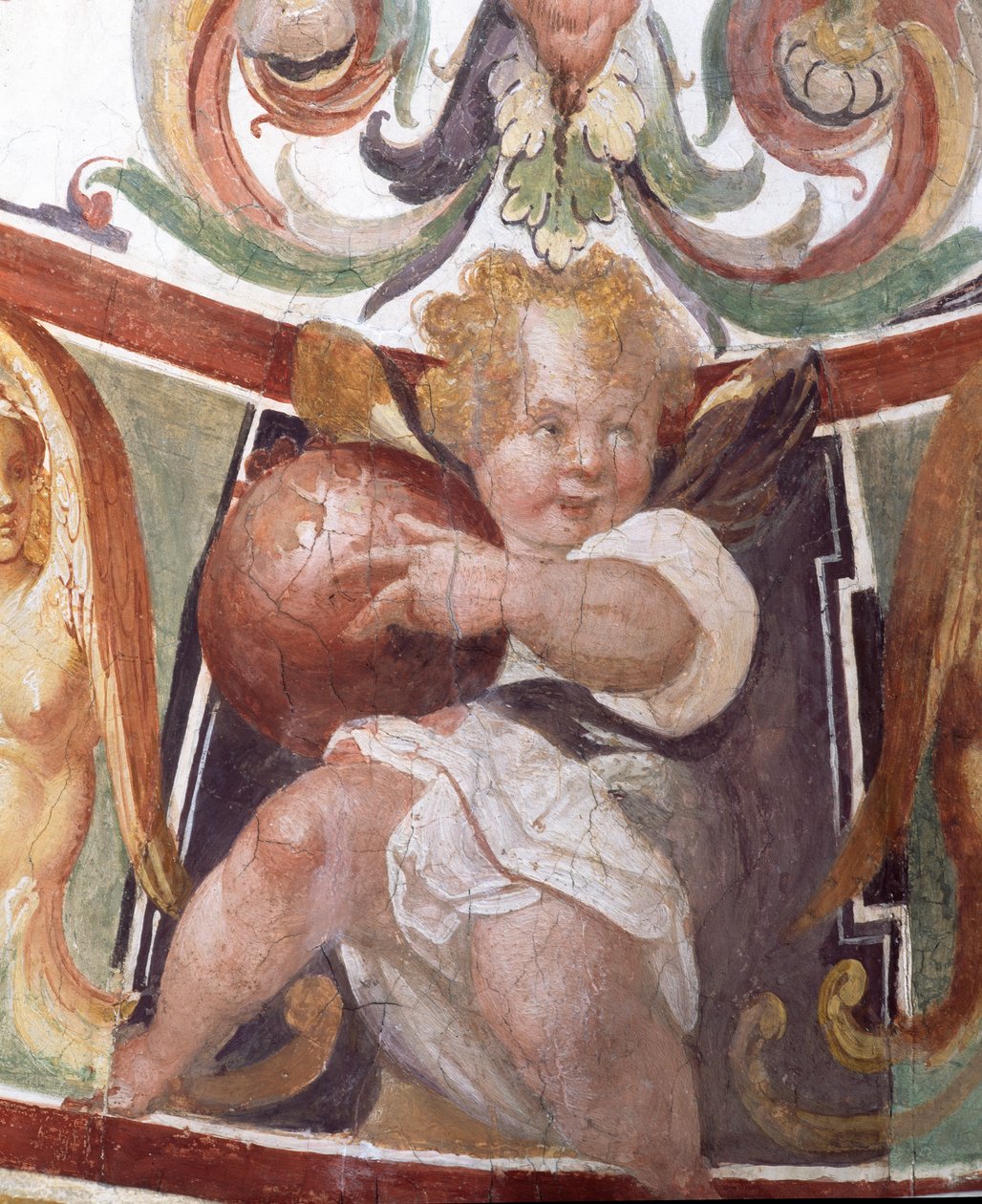 Studiolo-studiet av Francesco deMedici 1541-87 detalj av dekorasjonen som viser en putto som holder en globus, freskomaleri fra 1564-75 av Bartolomeo Ammannati