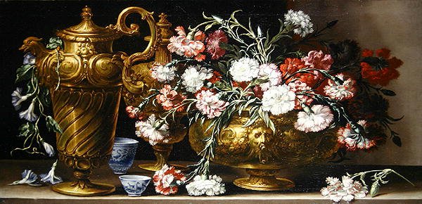 Stilleben med rosa i etui og en florentinsk ær på en avsats (olje på lerret) av Bartolomeo Bimbi