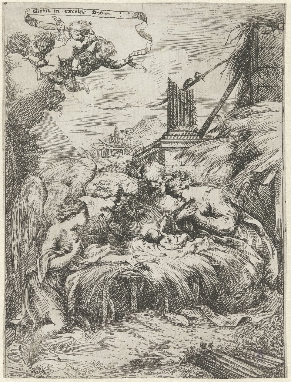 Tilbedelse av Maria, Josef og engler av Bartolomeo Biscaino