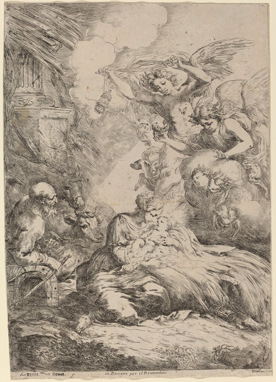 Den hellige familie tilbedt av engler (The Large Nativity) av Bartolomeo Biscaino