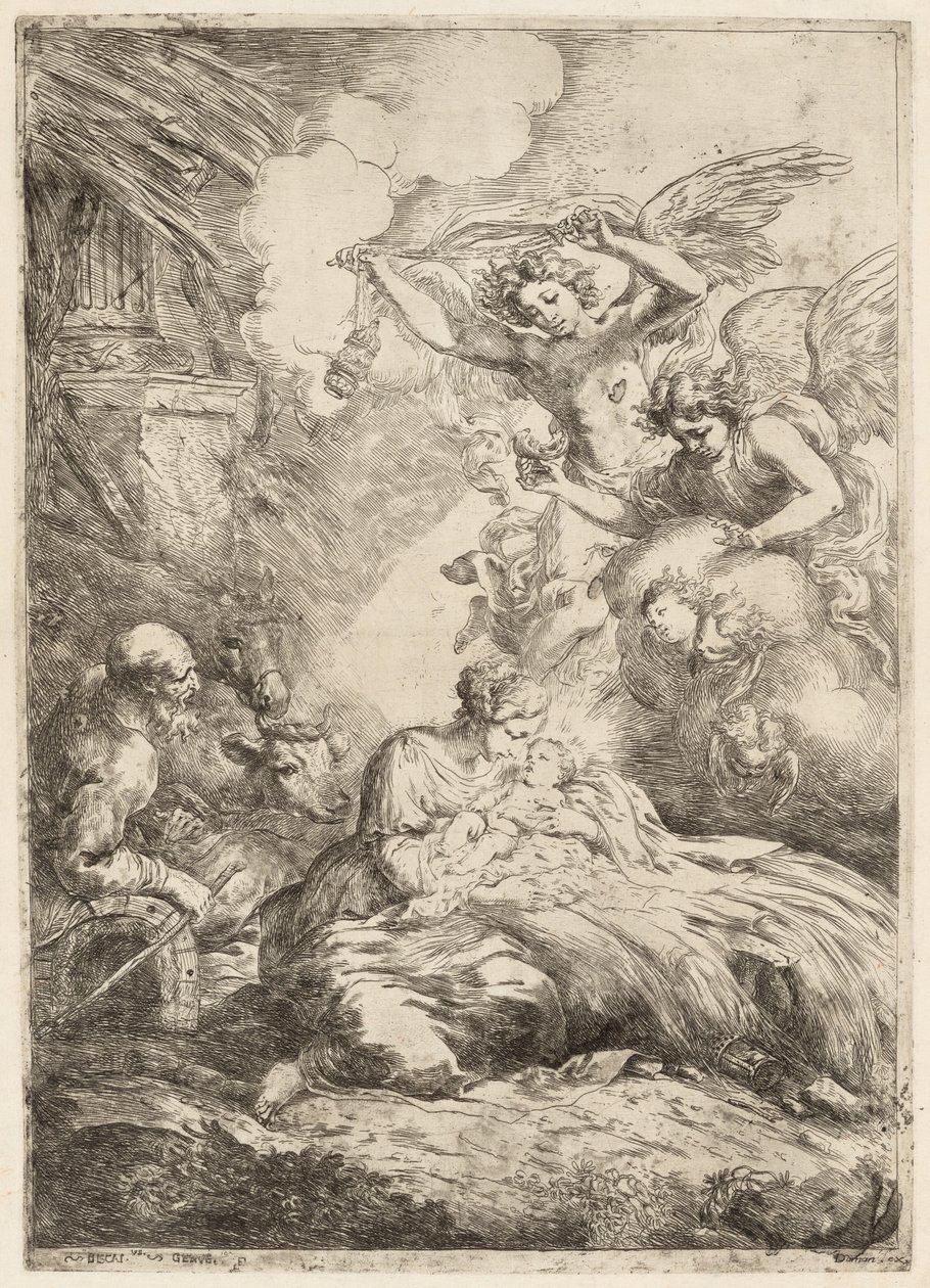 Den hellige familie tilbedt av engler Den store fødselen, ca. 1655. av Bartolomeo Biscaino
