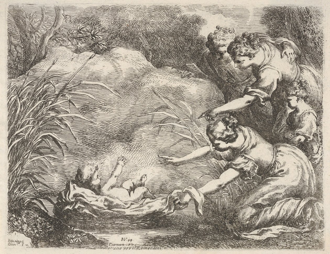 Funnet av Moses som ble reddet fra Nilen av tjenestepikene til Faraos daug..., 1650-57. av Bartolomeo Biscaino