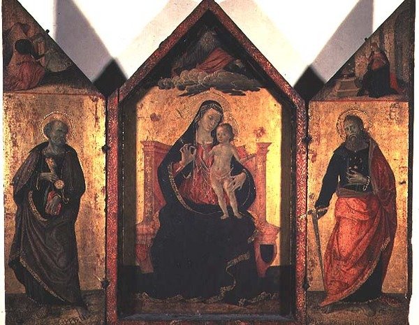 Madonna og barn med døperen Johannes og apostelen Peter (tempera og bladgull på panel) av Bartolomeo Caporali