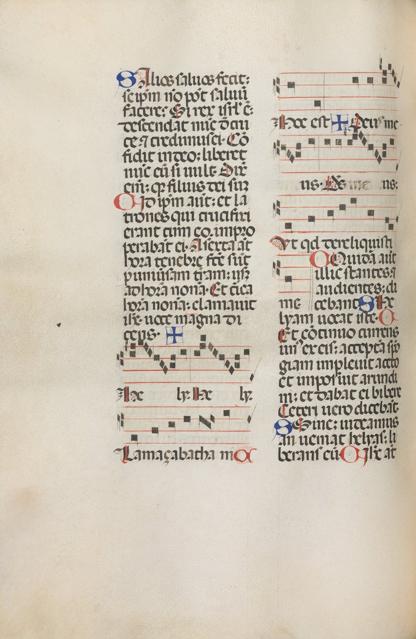 Missale: Fol. 121v: inneholder musikk for Hely Hely Lama etc. innenfor St. Mattion Passion, 1469. av Bartolomeo Caporali