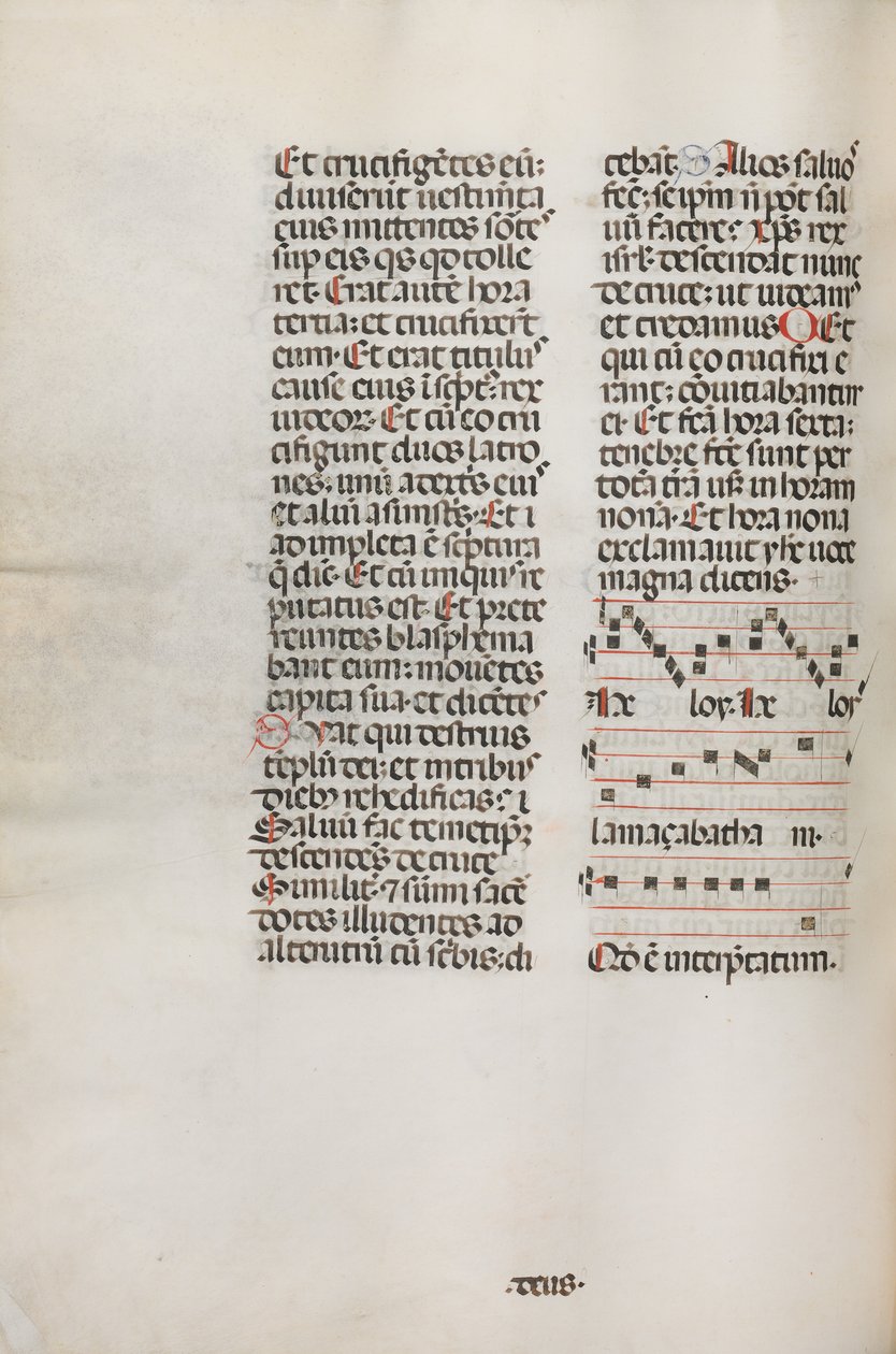 Missale: Fol. 128v: inneholder musikk for Hely Hely Lama etc. innenfor St. Mattion Passion, 1469. av Bartolomeo Caporali