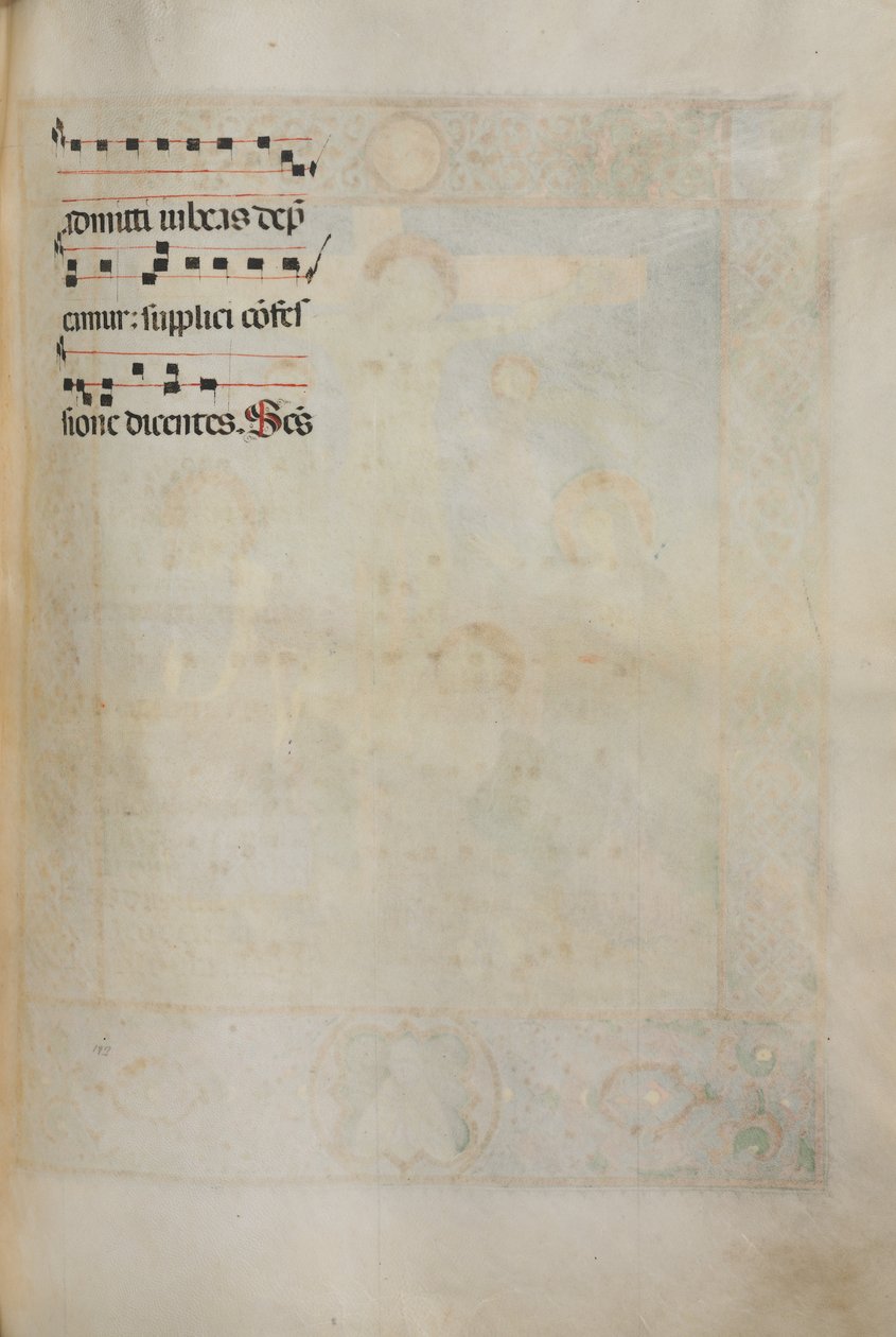 Missale: Fol. 185: Kors, løvverk og musikk for forskjellige vanlige bønner, 1469. av Bartolomeo Caporali