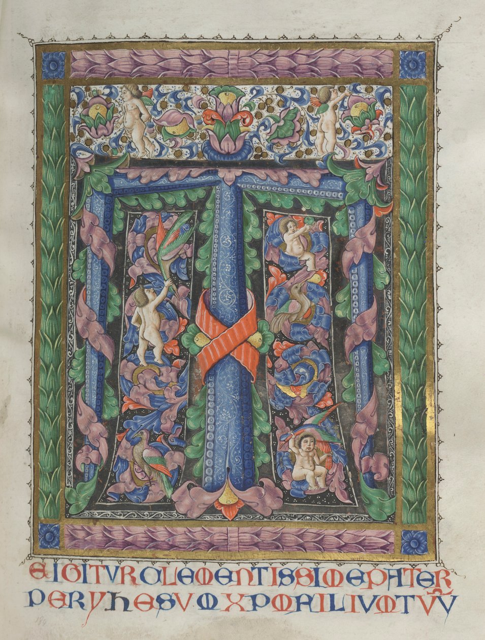 Missale: Fol. 186: Dekorert innledende T[e igitur] helside, 1469. av Bartolomeo Caporali