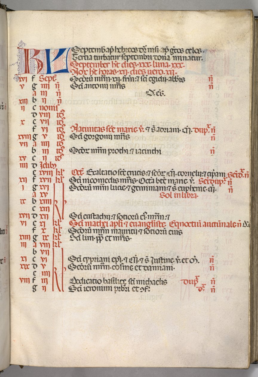 Missale: Fol. 7r: September kalenderside, 1469. av Bartolomeo Caporali