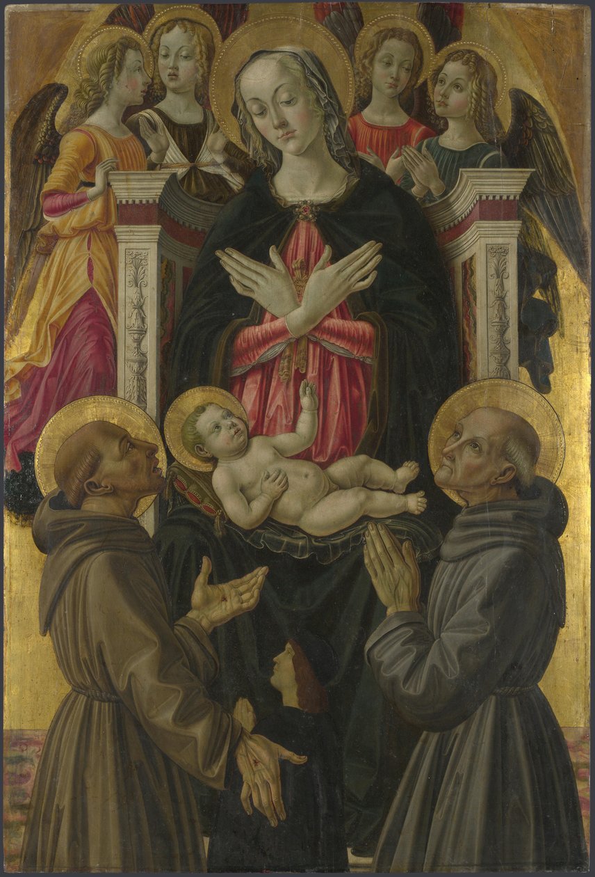 Jomfruen og barnet med hellige, engler og en giver fra altertavlen: Jomfruen og barnet med hellige, ca 1475 av Bartolomeo Caporali