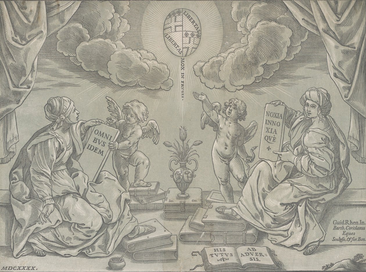 Allegori av en avhandling, to kvinner holder påskrevne tavler, 1640. av Bartolomeo Coriolano
