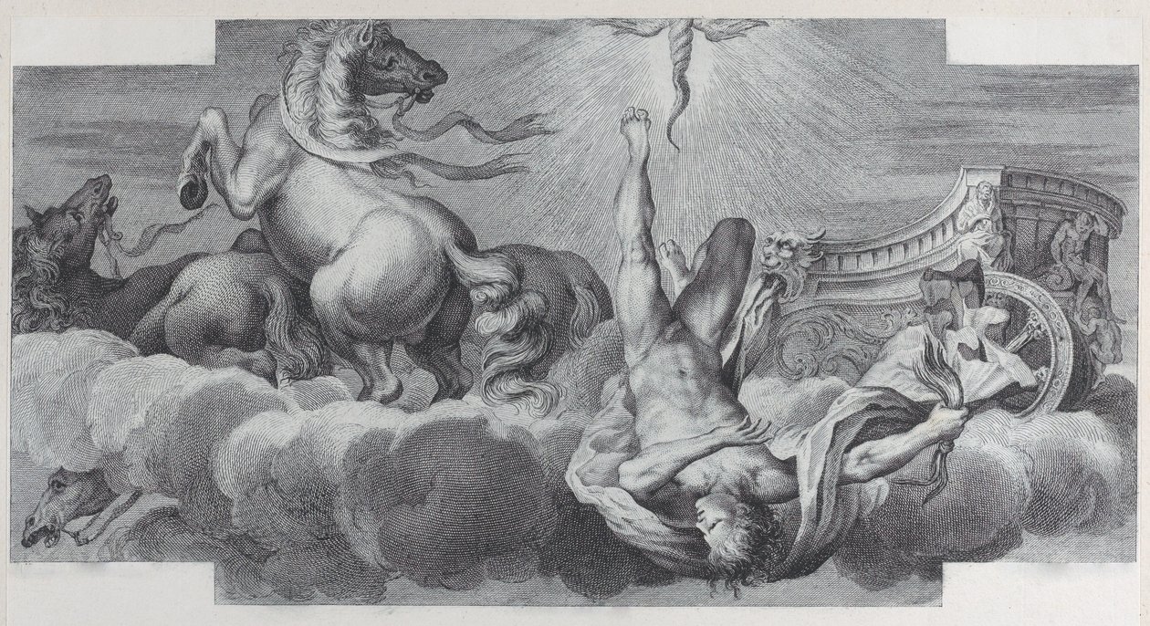 Plate 34: Auriga, vognføreren, faller fra vognen i midten, med tre hester ved l..., 1756. Skapere: Bartolomeo Crivellari, Gabriel Söderling. av Bartolomeo Crivellari, Gabriel Söderling