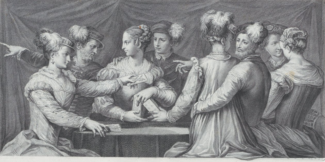 En gruppe elegant kledde mennesker som spiller kort, 1740-68 av Bartolomeo Crivellari